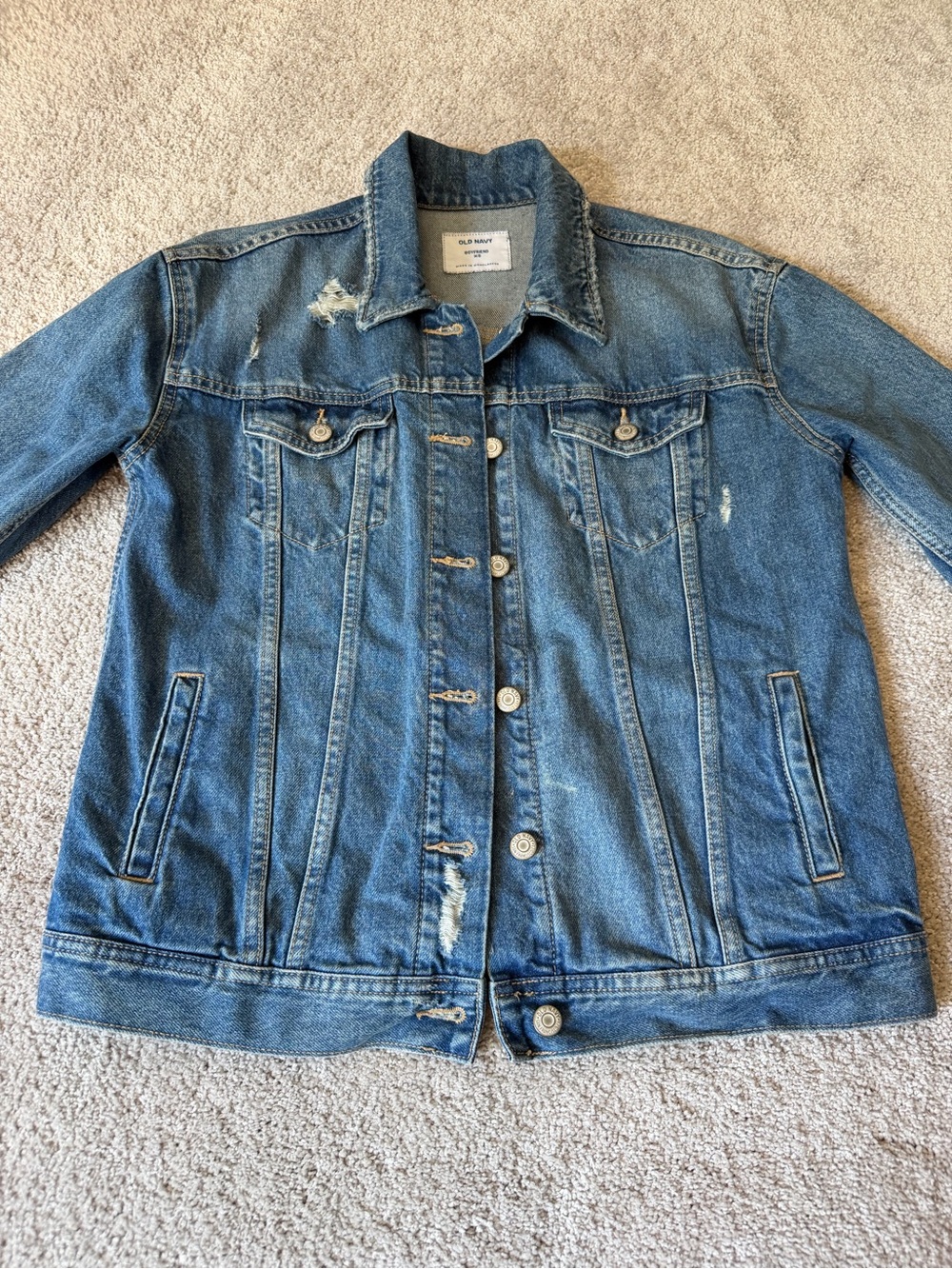 Old Navy Boyfriend Denim Jacket Women's XS Distressed 100% Cotton Trucker EUC